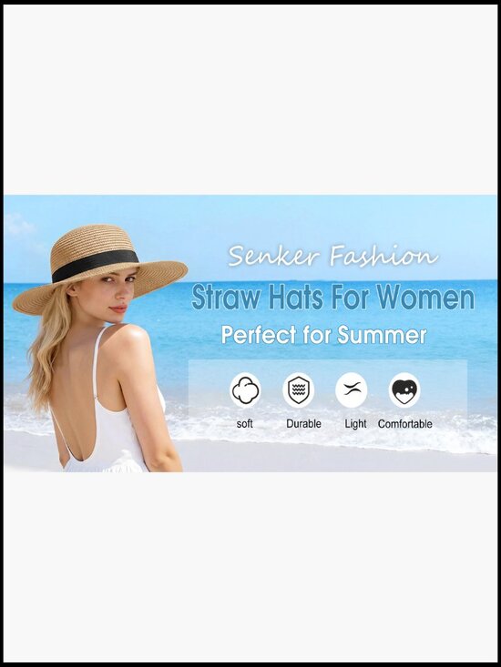 Packable Wide Brim Straw Hat UV Protection Adjustable Size Summer Beach Travel